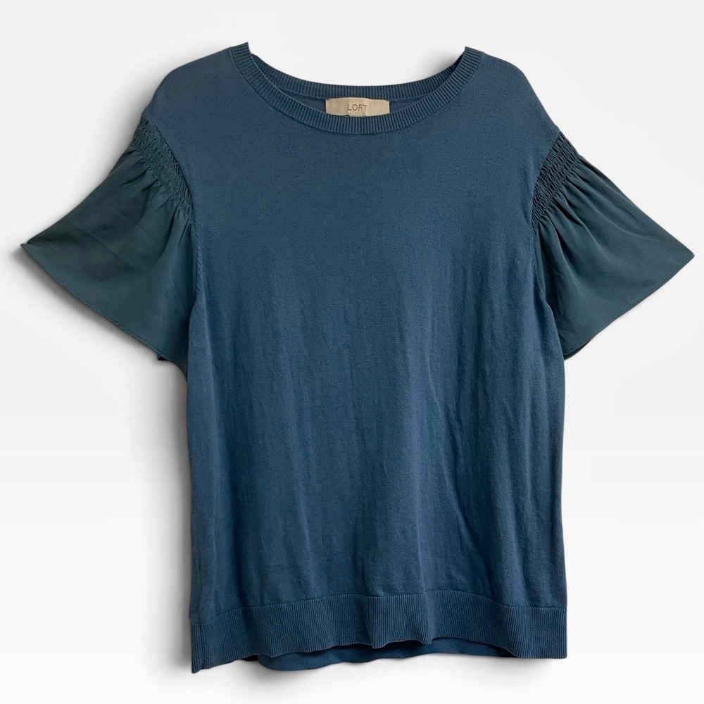 Loft Mixed Media Flutter Sleeve Top Women Large Blue Knit